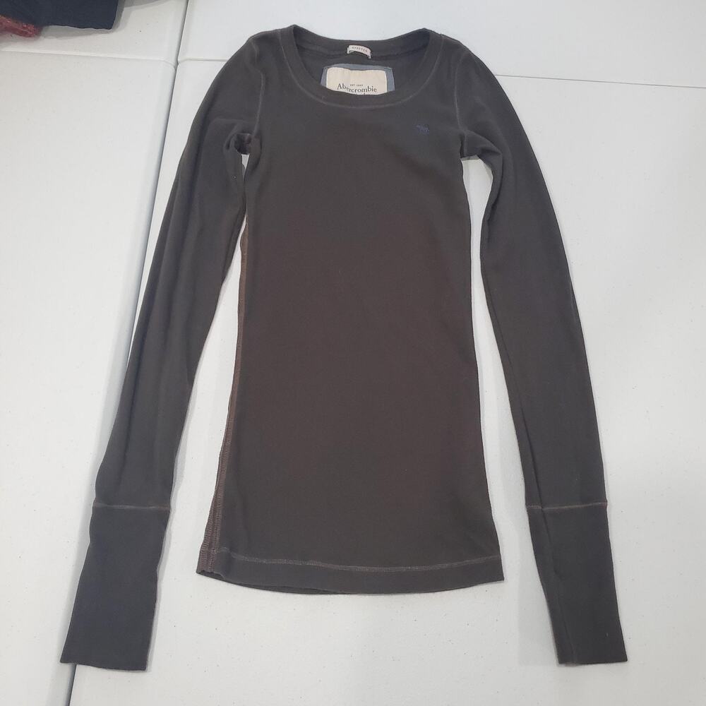 Abercrombie & Fitch Shirt Womens XS Brown Stretch Scoop Neck Long Sleeve Fitted